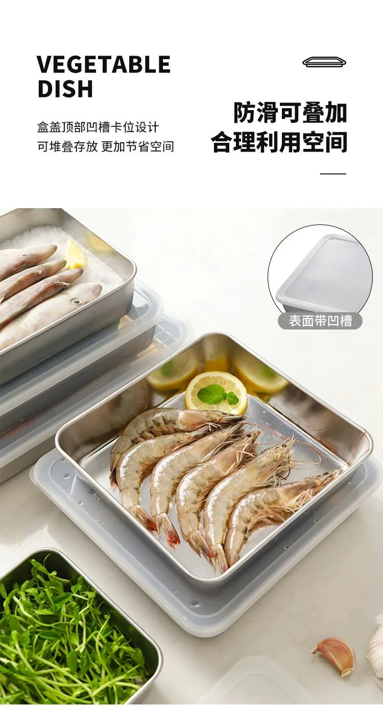 Food Storage Trays Rectangle Preservation Box with Plastic Cover Stainless Steel Multi-Function Rustproof Barbecue Food Storager