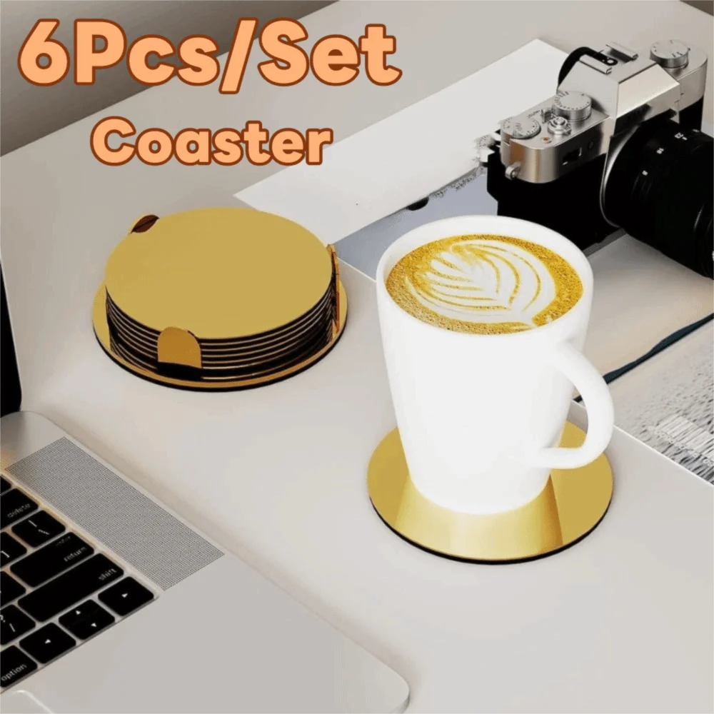 Kitchen Gadgets Round Gold Stainless Steel Coaster Set Mirror-like With Holder Drink Pad Scald-proof Insulated Cup Mat Tabletop