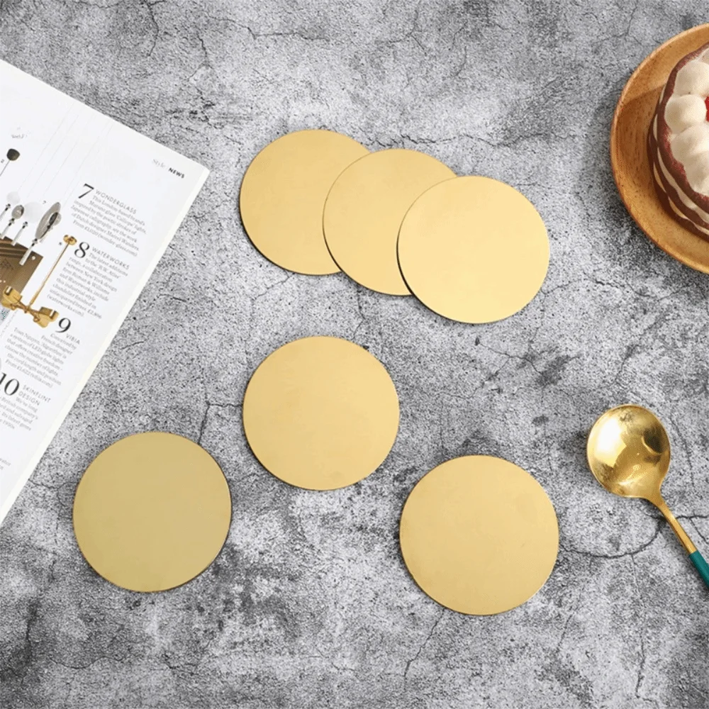 Kitchen Gadgets Round Gold Stainless Steel Coaster Set Mirror-like With Holder Drink Pad Scald-proof Insulated Cup Mat Tabletop