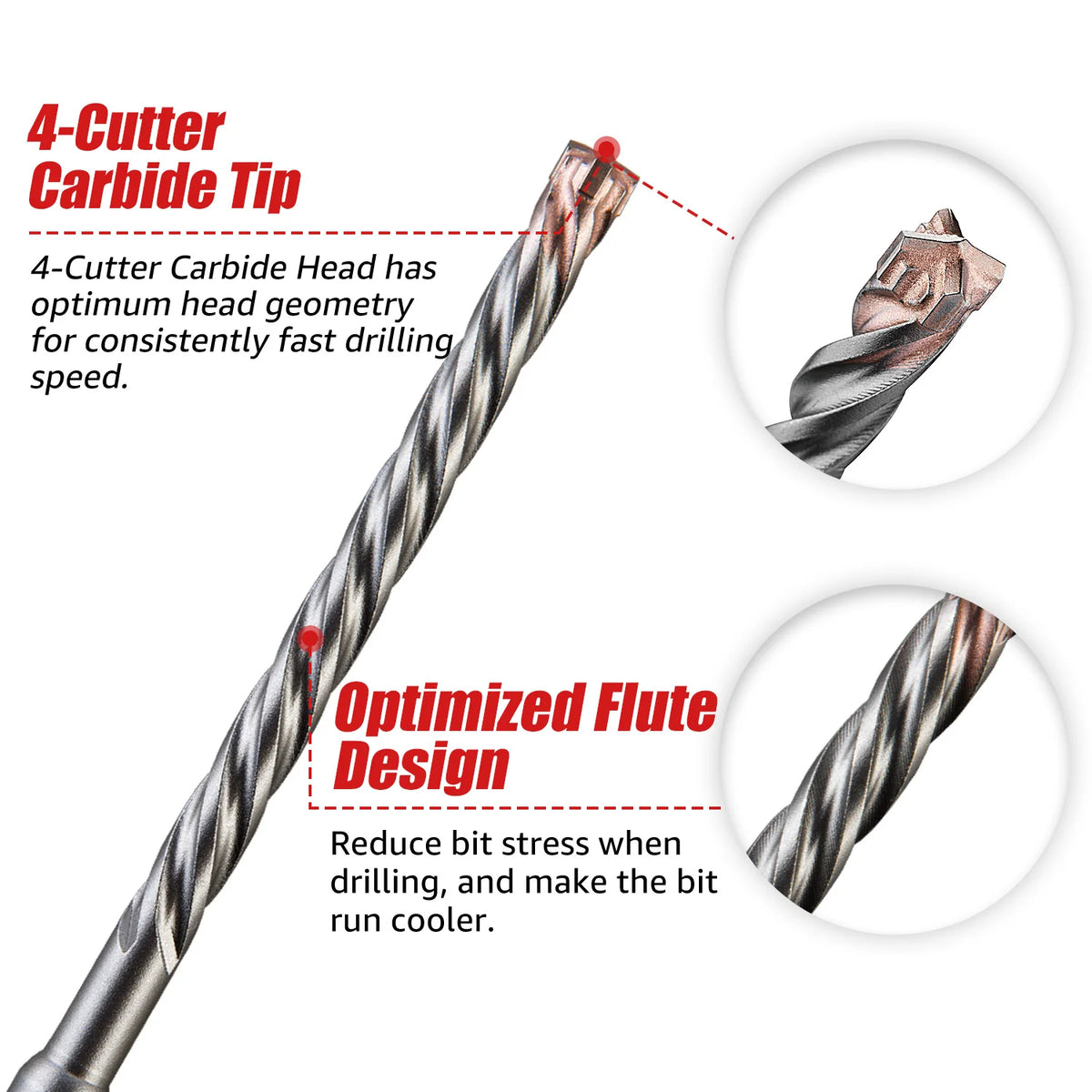 EZARC Masonry Drill Bit 5PC SDS-Plus Hammer Drill Bits 4-Cutter Carbide Tips for Reinforced Concrete, Masonry Marble Brick Tile