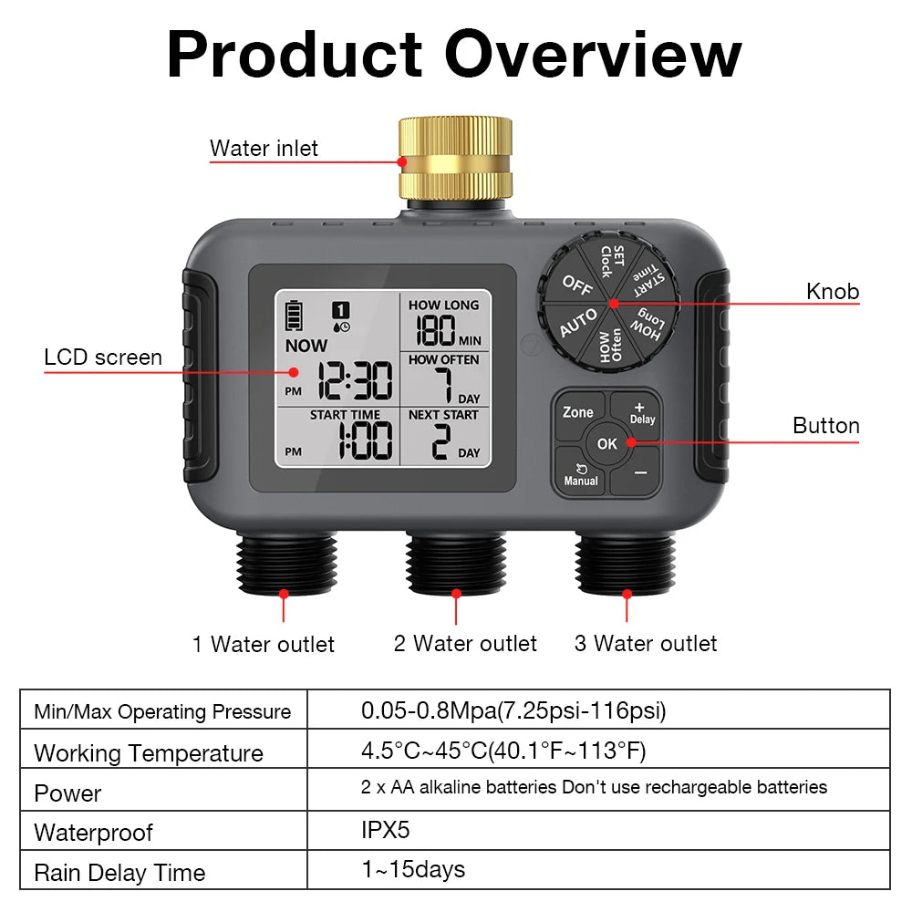 Garden Water Timer Irrigation System 3-Outlet Digital Garden Sprinkler Programmer Rain Delay Automatic Watering for Garden Lawn