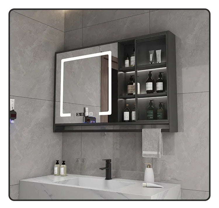 Smart Bathroom Storage Mirror Cabinets with Towel Rod Wall Standing Closet Light Mirror Cabinets Organizador Bathroom Furniture