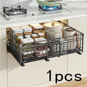 Kitchen Organizer-Adjustable Pull-Out Shelf, Space-Saving Cabinet Storage System with Sturdy Metal Construction, Black