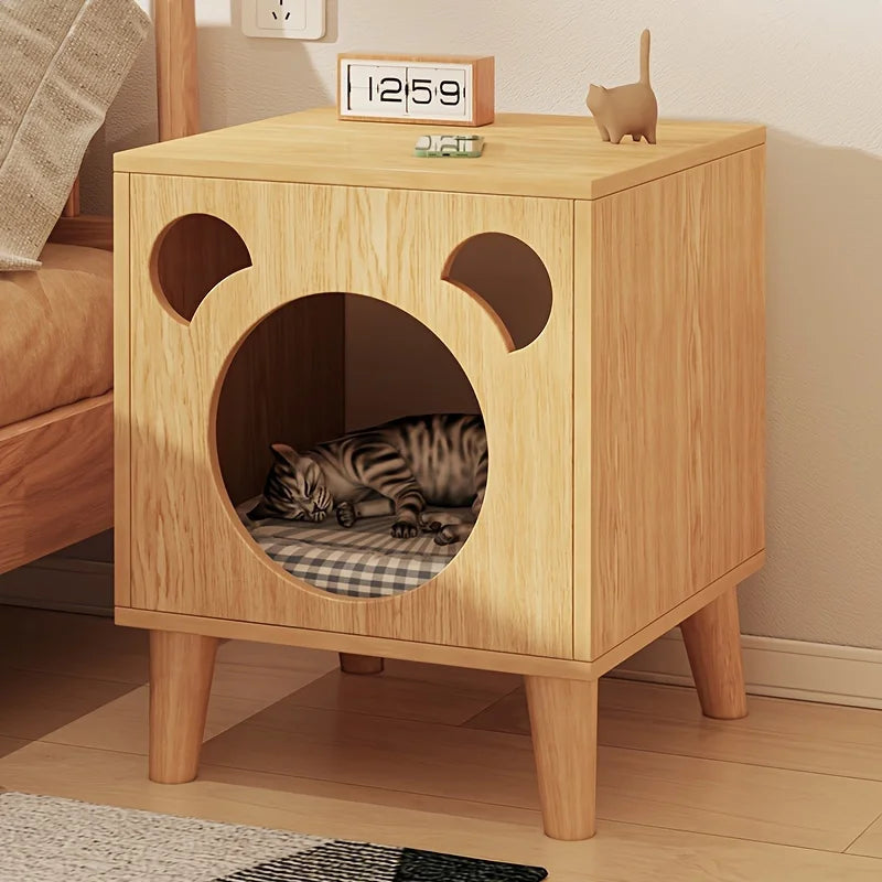 Cat Bed Side Table with Bear Cutout Design, Elevated Wooden Cat House with Cushion, Multi-Functional Nightstand & Pet Bed