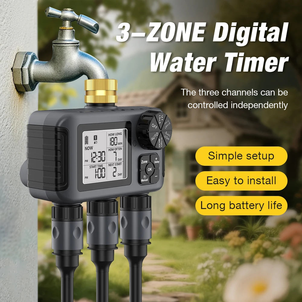 Garden Water Timer Irrigation System 3-Outlet Digital Garden Sprinkler Programmer Rain Delay Automatic Watering for Garden Lawn