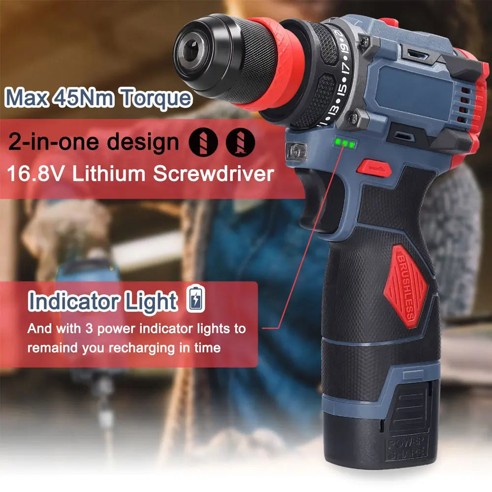 2 in 1 Lithium Brushless Cordless Drill and Electric Screwdriver Multi-Function Power Tool for Home Renovation Furniture Assembl