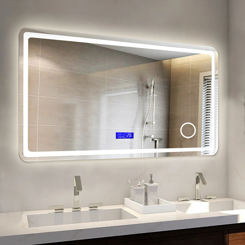 Smart Bathroom Mirror, Toilet, Washroom, Wall Mounted, LED Light Mirror, Anti Fog, Defogging, Bathroom Mirror, with Time Display