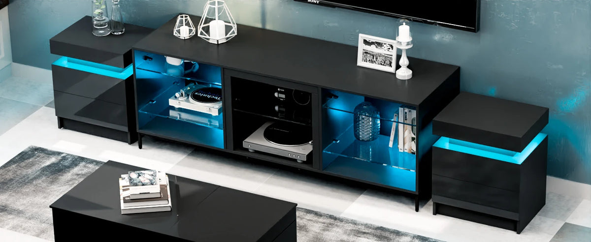 Living Room LED Nightstand Black Night Stand Led Lights Modern Nightstand 2 High Gloss Drawers Bedside Table Smart Bedroom
