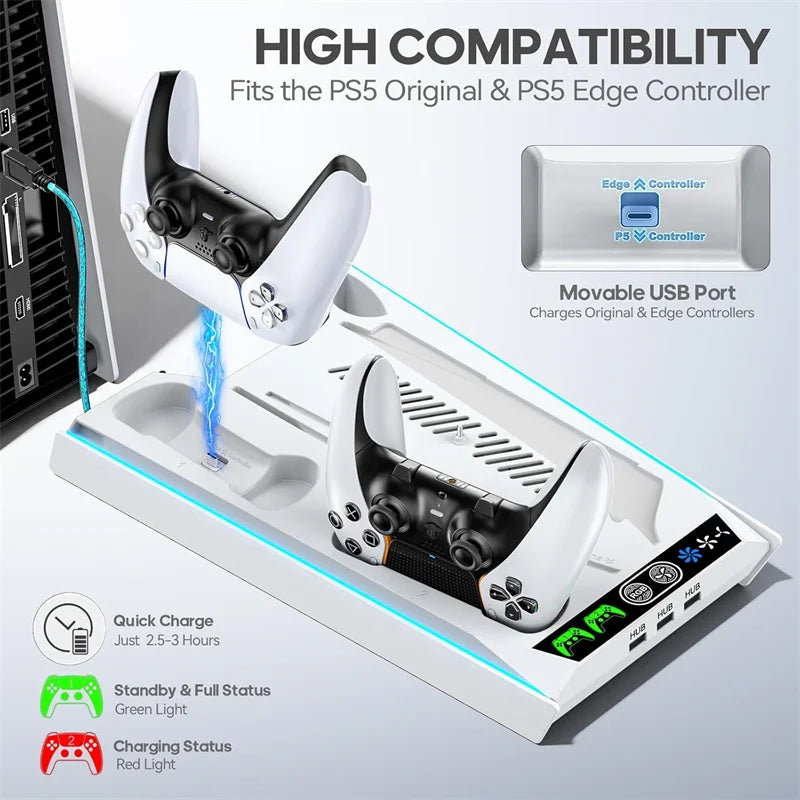 PS5/ PS5 Slim/ PS5 Pro Stand For Disc & Digital Console PS5 Cooling & Charging Station With 3-Level Fan PS5 Controller Charger
