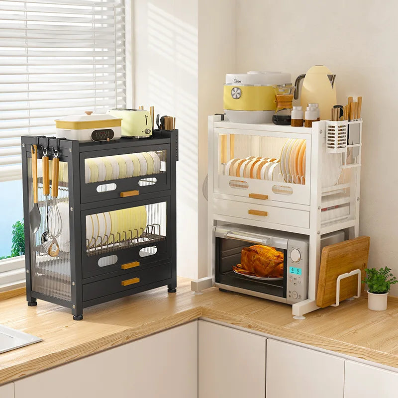 Kitchen Microwave Storage Rack Household Oven Integrated Dust-proof Bowl And Dish Drain Knife Holder Storage Rack