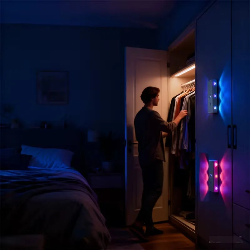 Smart Magnetic LED Wall Lamp with Motion Sensor Night Light 3 Color/Multicolor USB-Powered for Bedroom Living Office Wardrobe