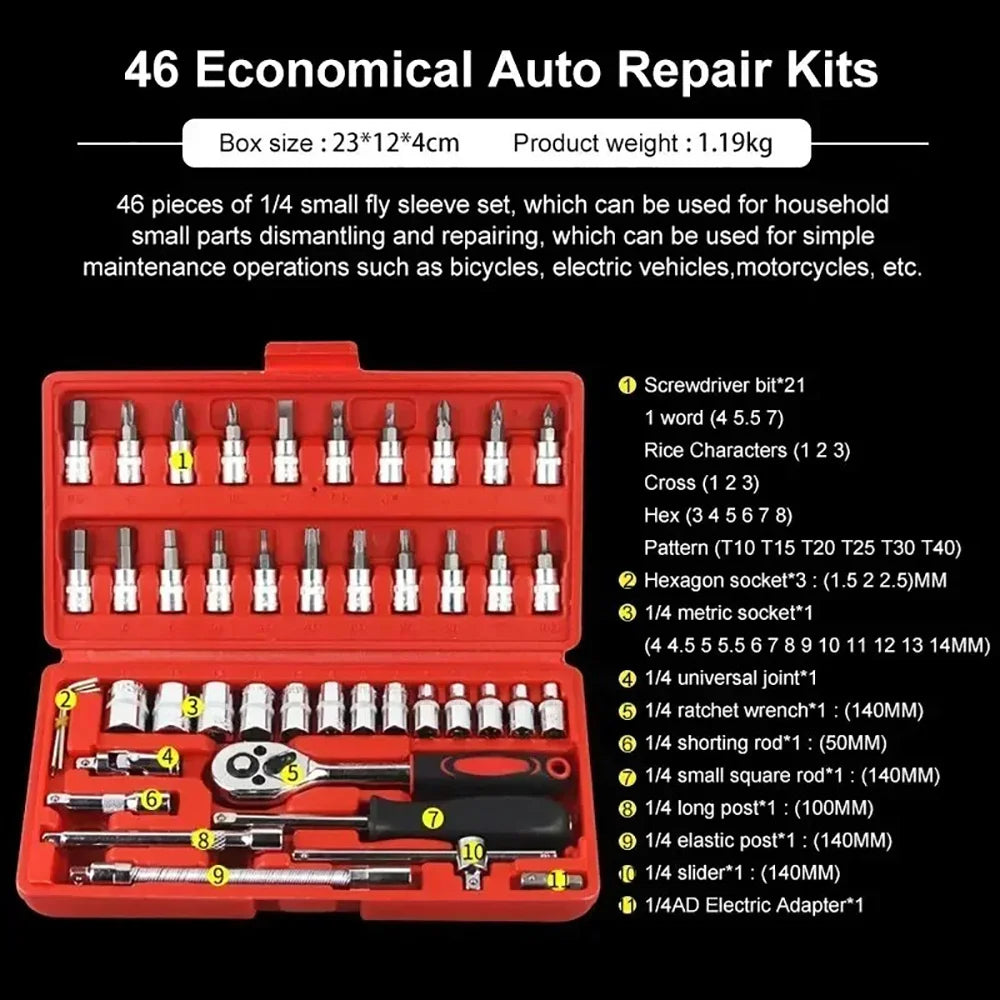 Professional Car Repair Tool Set Motorcycle Toolbox Set 46-Piece Set Car Repair Kit Ratchet Wrench Set Sockets Auto Repair Tools