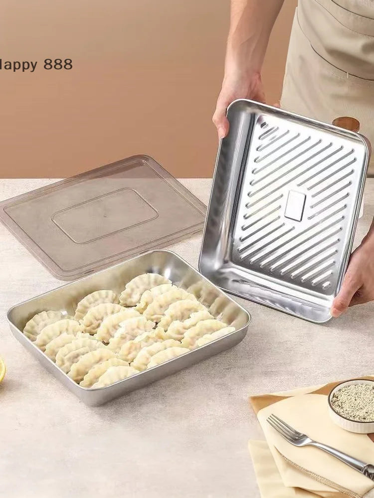 Stainless Steel Kitchen Storage Container With Tray – Refrigerator Organizer For Dumplings, Fruits, Vegetables, Meat, And Cakes