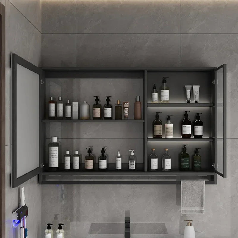 Smart Bathroom Storage Mirror Cabinets with Towel Rod Wall Standing Closet Light Mirror Cabinets Organizador Bathroom Furniture