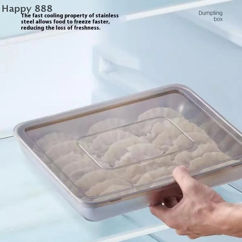 Stainless Steel Kitchen Storage Container With Tray – Refrigerator Organizer For Dumplings, Fruits, Vegetables, Meat, And Cakes