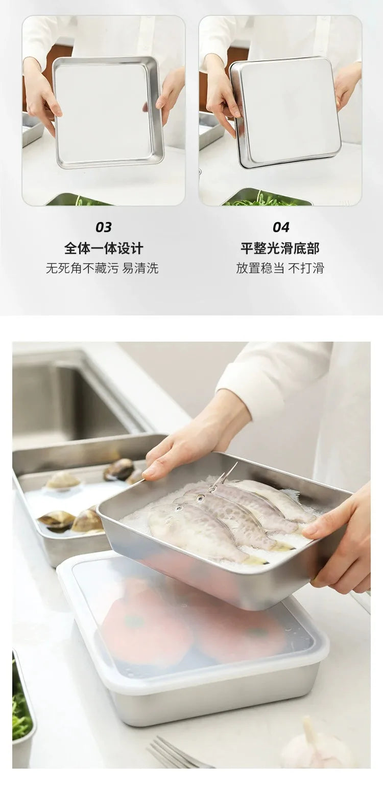 Food Storage Trays Rectangle Preservation Box with Plastic Cover Stainless Steel Multi-Function Rustproof Barbecue Food Storager