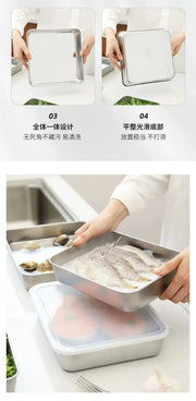 Food Storage Trays Rectangle Preservation Box with Plastic Cover Stainless Steel Multi-Function Rustproof Barbecue Food Storager