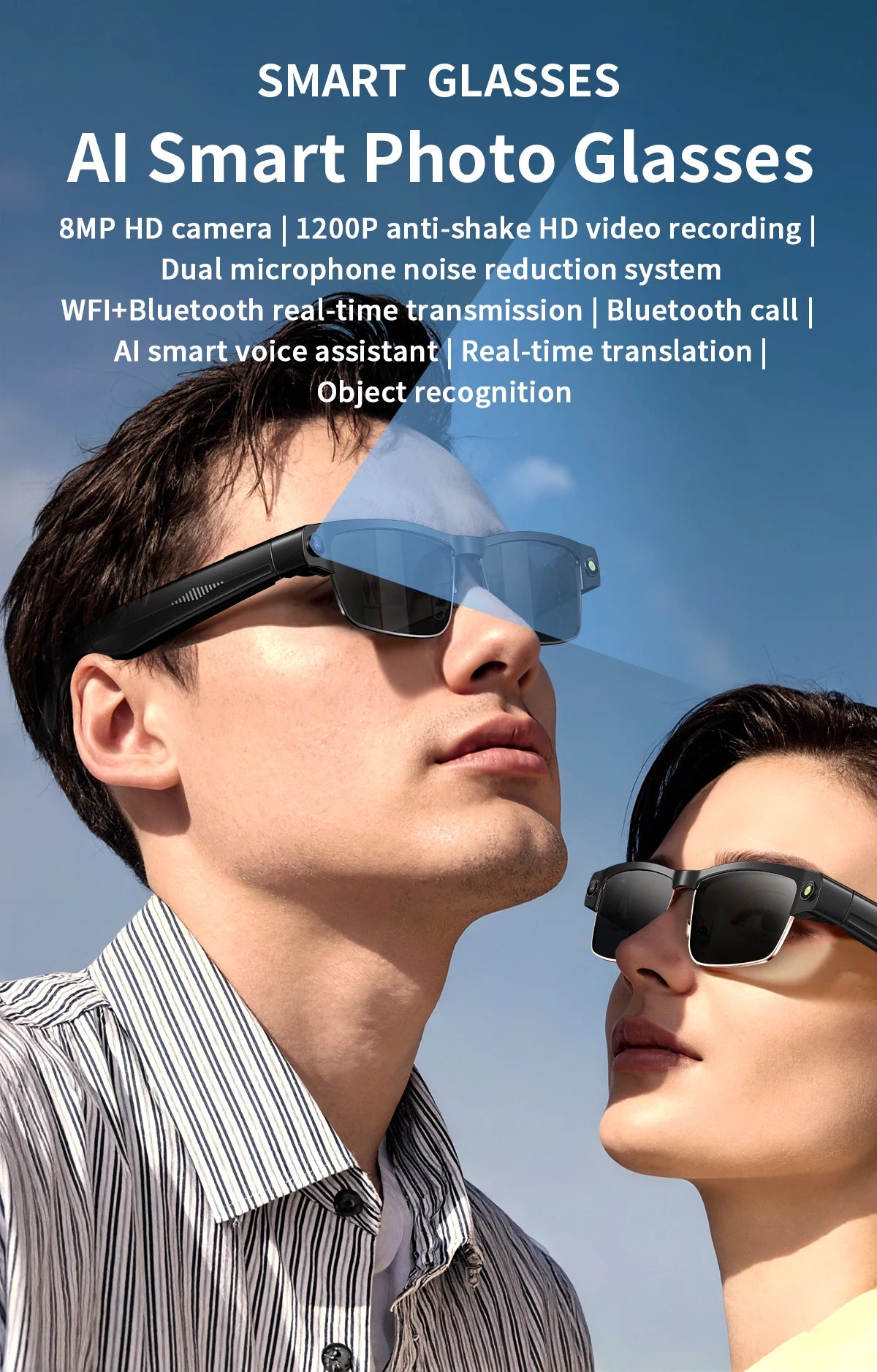 New 800W HD Camera Smart Glasses WFl Transmission Bluetooth Call AI Intelligent Voice Assistant Object Recognition Sun Glasses