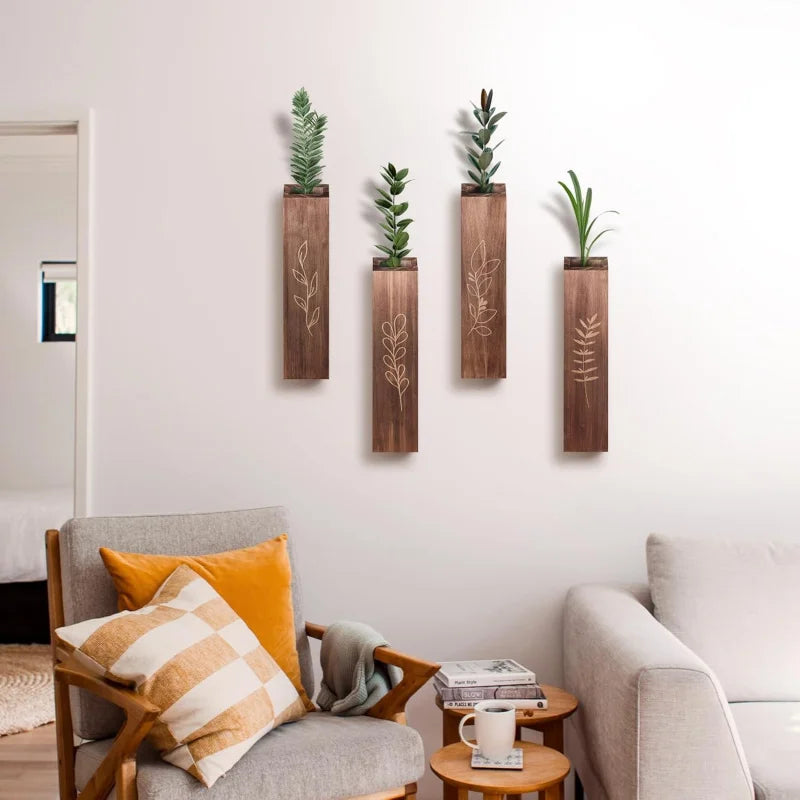 Indoor Living Room Bedroom Decoration Wooden Wall Flower Pot4Packaged Bohemian Style Farmhouse Pocket Vase Dried Flowers Artific