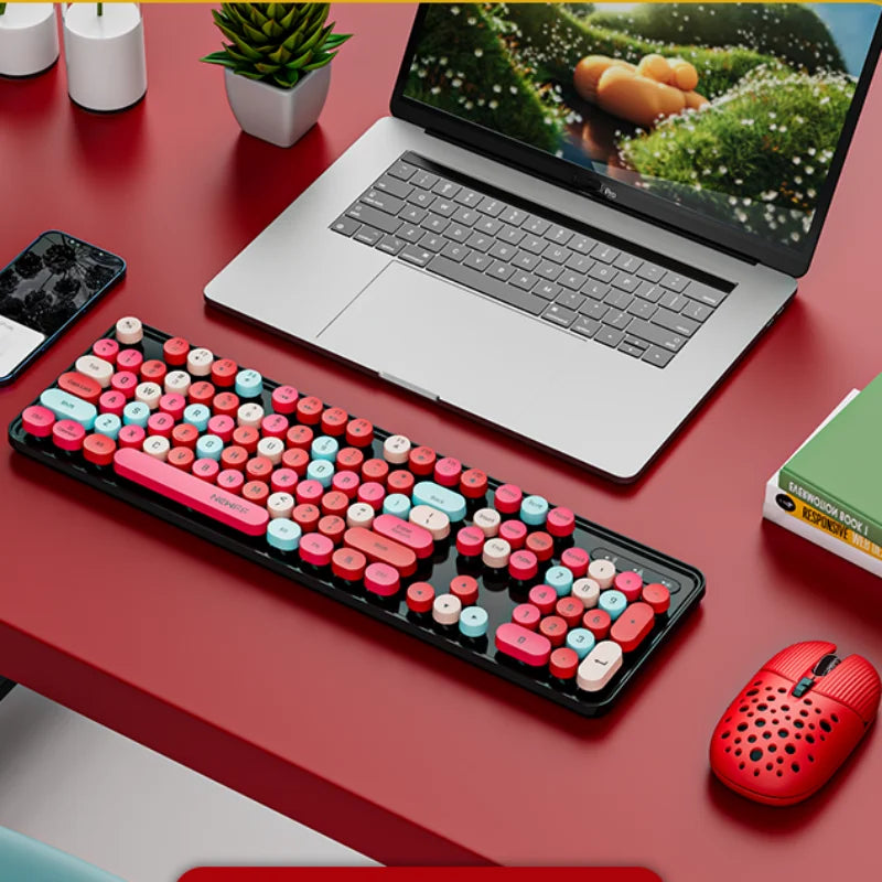 Cute 104Keys Retro Round Keycap 2.G Wireless Gaming Keyboard Mouse Combo Ergonomic Keyboard With Multimedia function keys