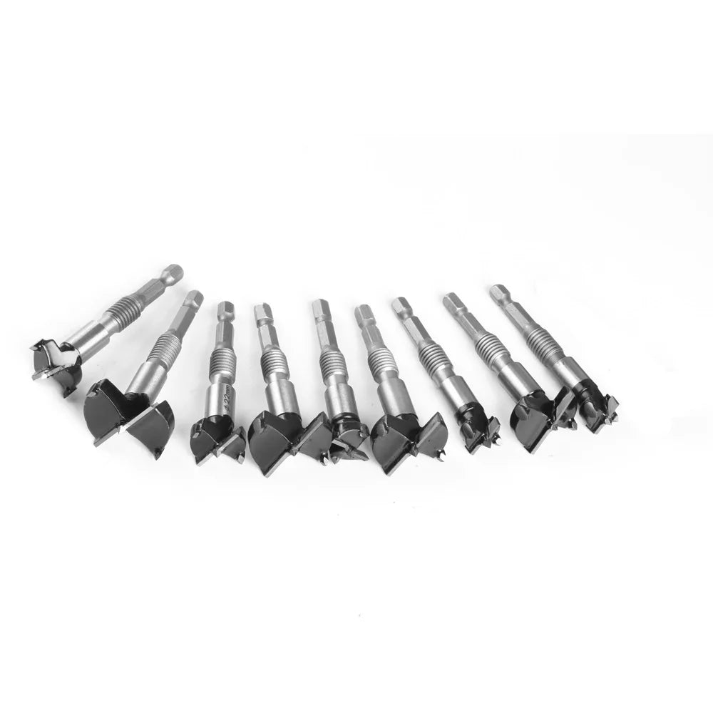 A Set of 10 Woodworking Hole-Making Tools Including Threaded Enlarging Drills and Extended Woodworking Hole-Making Drill Bits