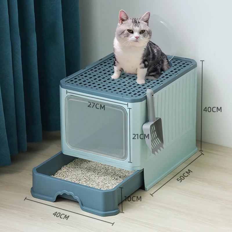 Cat Litter - Box With Scoop, Large Foldable Litter Box With Lid, Front Entry Top Exit Kitty Box, Odor Control