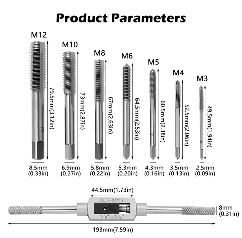 Adjustable Wrench T-Handle Milling Tap High Speed Steel Taps Metric Screwdriver Thread Tapping drill Holder Hand Tool Set