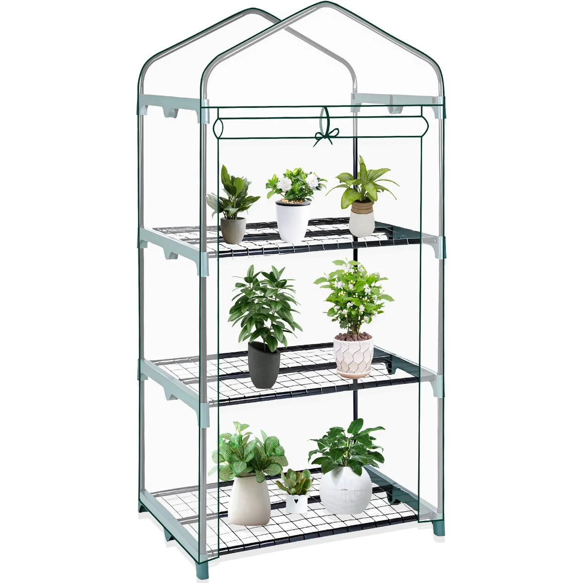 Garden Greenhouse 4 Tier Walk-in Green House Transparent Cover with Doors & Windows Small Waterproof Frost Without Iron Frame