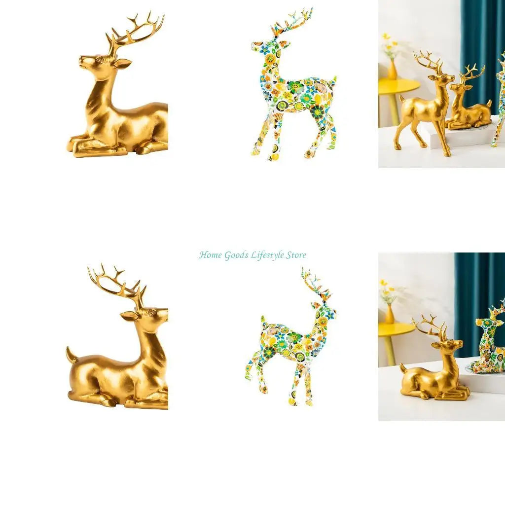 E74E Elegant Golden Deer Figurine Decoration for Home Office Tabletop Shelf Ornament