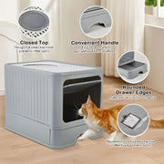 Cat Litter - Box With Scoop, Large Foldable Litter Box With Lid, Front Entry Top Exit Kitty Box, Odor Control
