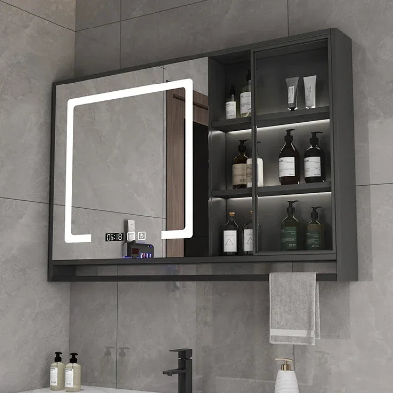 Smart Bathroom Storage Mirror Cabinets with Towel Rod Wall Standing Closet Light Mirror Cabinets Organizador Bathroom Furniture