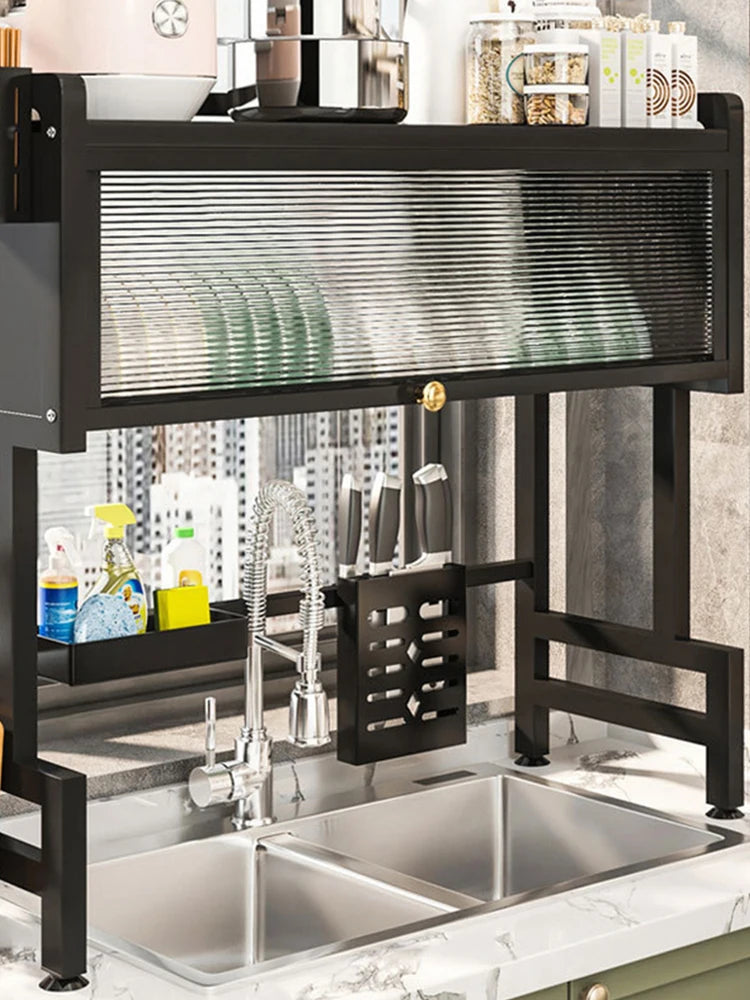 Kitchen Drain Shelf Steel Multi Organizer Cabinet Multi-Functional Kitchen Storage Rack Large Over The Sink Dish Rack with Cover