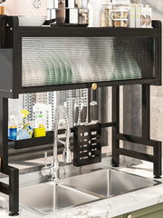 Kitchen Drain Shelf Steel Multi Organizer Cabinet Multi-Functional Kitchen Storage Rack Large Over The Sink Dish Rack with Cover