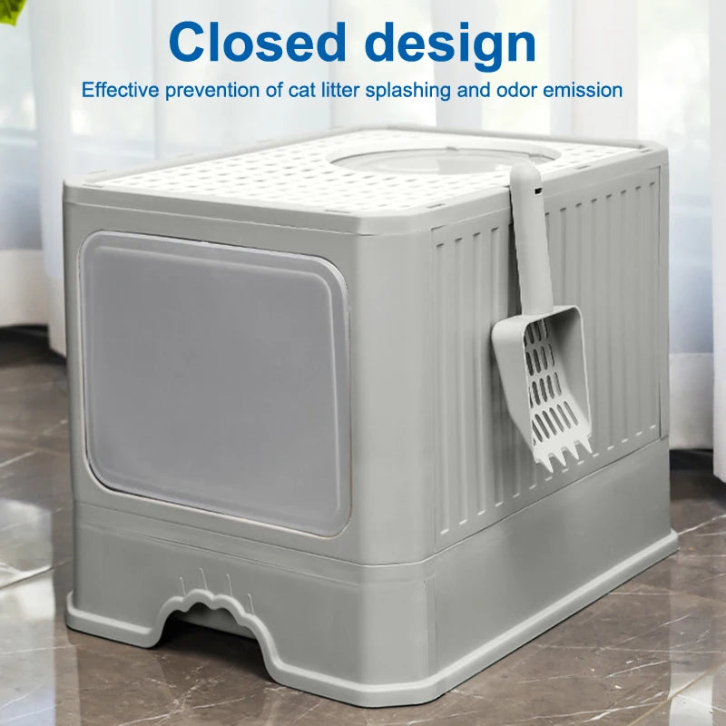 Cat Litter - Box With Scoop, Large Foldable Litter Box With Lid, Front Entry Top Exit Kitty Box, Odor Control