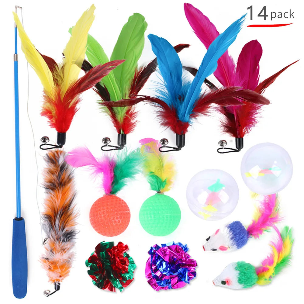Cat Toy Set Interactive Play Kitten Toys for Indoor Cats Fun Exercise Entertainment Pet Fishing Rod Teaser Wand Plush Mouse