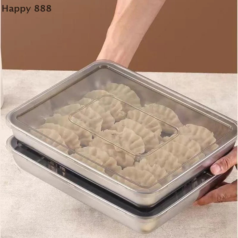 Stainless Steel Kitchen Storage Container With Tray – Refrigerator Organizer For Dumplings, Fruits, Vegetables, Meat, And Cakes