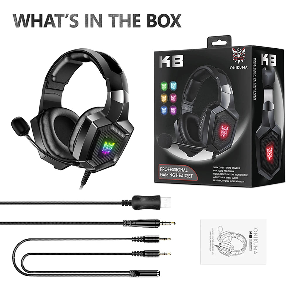 ONIKUMA Gaming Headphones with Flexible HD Mic RGB Light Surround Sound Over-Ear Wired Headset Gamer for PC