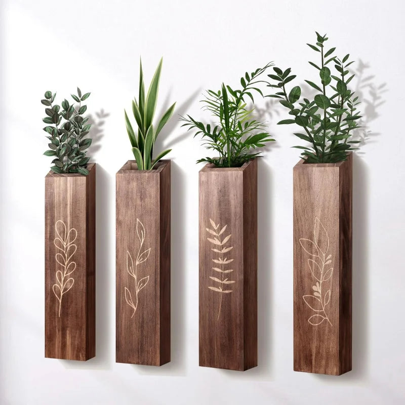 Indoor Living Room Bedroom Decoration Wooden Wall Flower Pot4Packaged Bohemian Style Farmhouse Pocket Vase Dried Flowers Artific