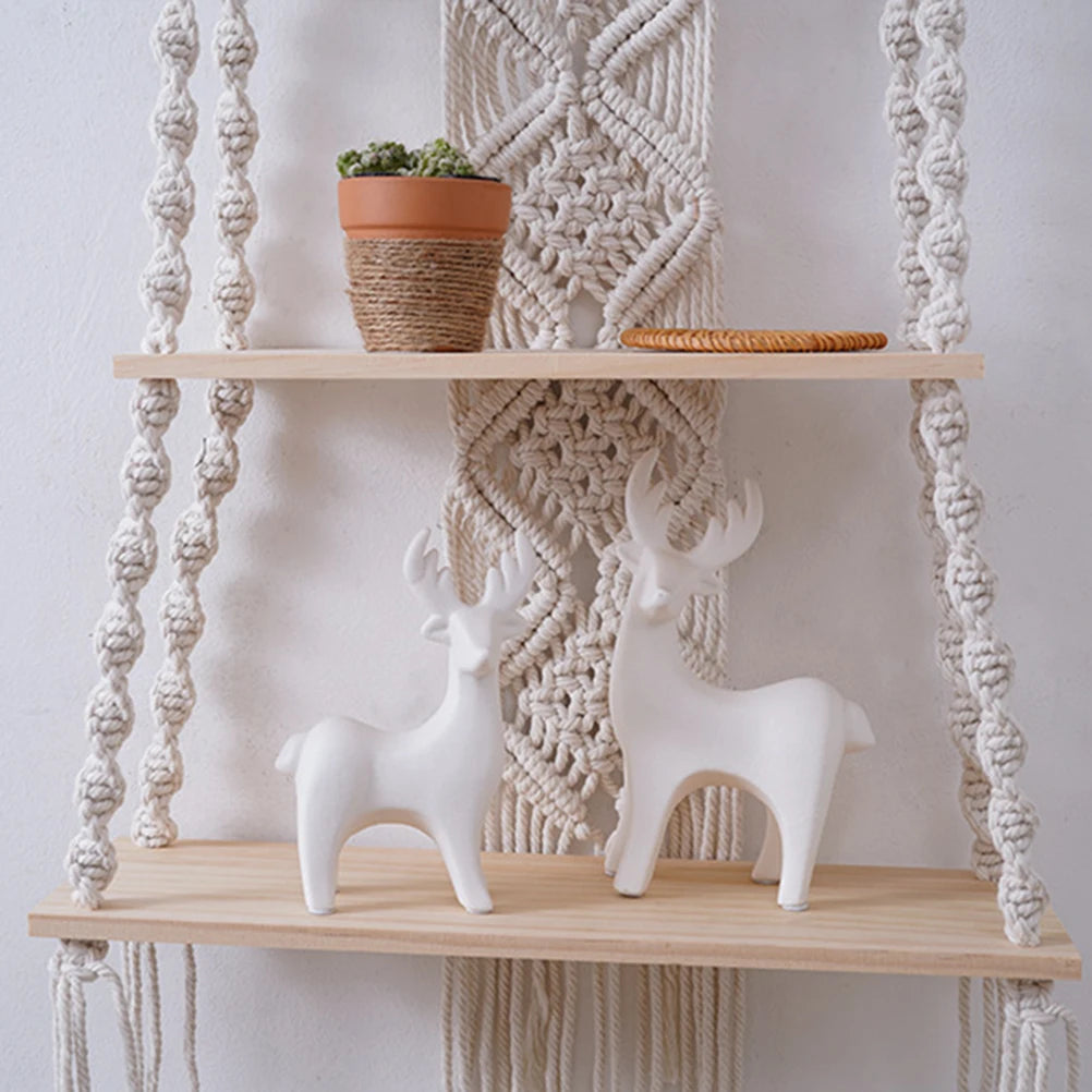 Bohemian Bedroom Decoration Wall Decoration Bohemian Bookshelf Decoration,Woven Rope Floating Wooden Shelves and Plants Storage