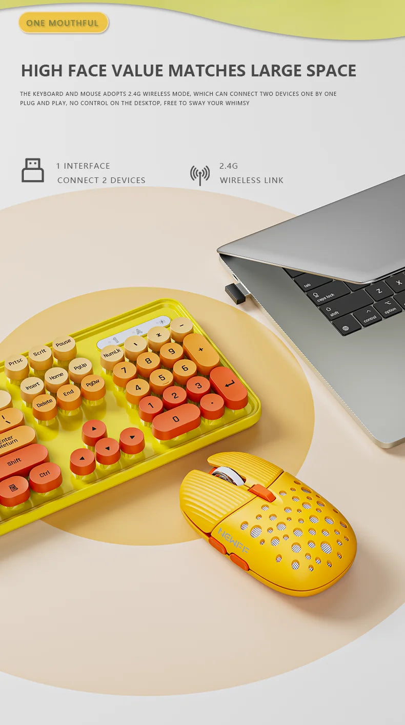 Cute 104Keys Retro Round Keycap 2.G Wireless Gaming Keyboard Mouse Combo Ergonomic Keyboard With Multimedia function keys
