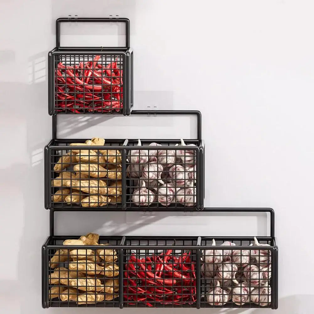 Kitchen Wall Mounted Storage Rack Onion Ginger Garlic Condiments Spice Shelf Punch-Free Vegetable Fruit Drain Basket