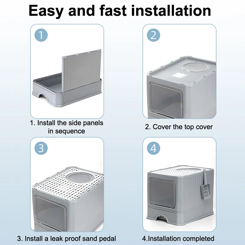 Cat Litter - Box With Scoop, Large Foldable Litter Box With Lid, Front Entry Top Exit Kitty Box, Odor Control