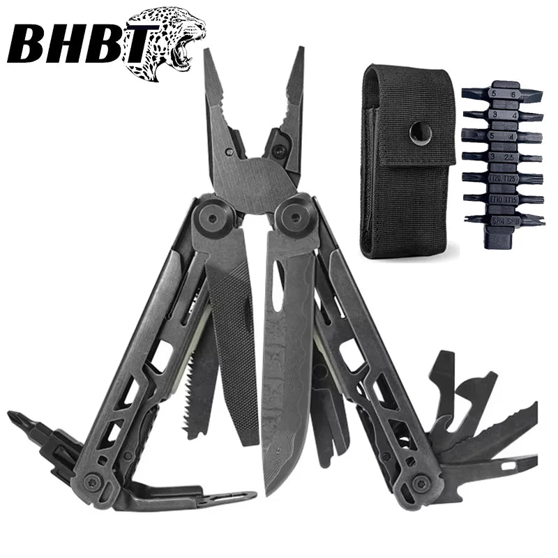 2025 New BHBT 19 in 1 Multi Tool Pliers with Damascus Blade Hoxagon Wrench Folding EDC Outdoor Camping Tools Home Repair