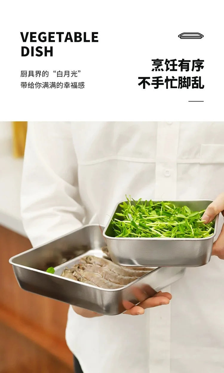 Food Storage Trays Rectangle Preservation Box with Plastic Cover Stainless Steel Multi-Function Rustproof Barbecue Food Storager