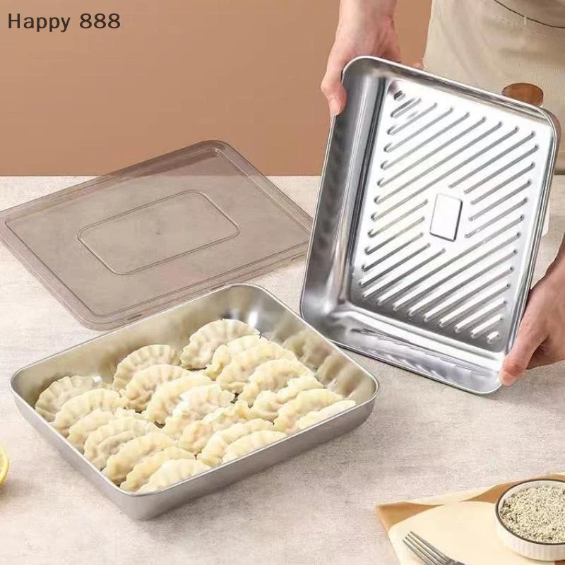 Stainless Steel Kitchen Storage Container With Tray – Refrigerator Organizer For Dumplings, Fruits, Vegetables, Meat, And Cakes