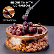 Glass Food Storage Container with Wooden Lid Multi Compartment Snack Fruit Organizer Kitchen Living Room Desktop Serving Tray