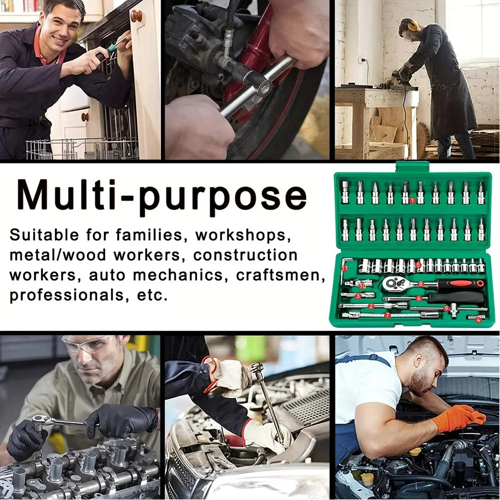 Professional Car Repair Tool Set Motorcycle Toolbox Set 46-Piece Set Car Repair Kit Ratchet Wrench Set Sockets Auto Repair Tools