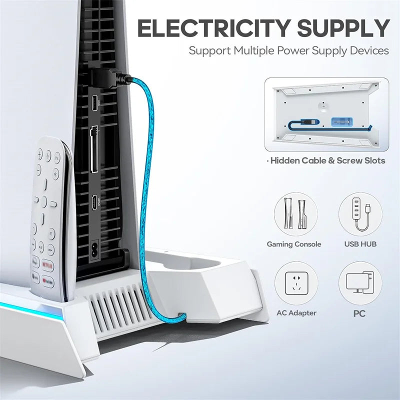 PS5/ PS5 Slim/ PS5 Pro Stand For Disc & Digital Console PS5 Cooling & Charging Station With 3-Level Fan PS5 Controller Charger