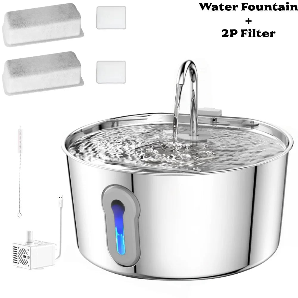 Cat Water Fountain, 4.0L Automatic Pet Fountain Stainless Steel Large Dog Water Dispenser with Quiet Pump for Cat Dog Inside