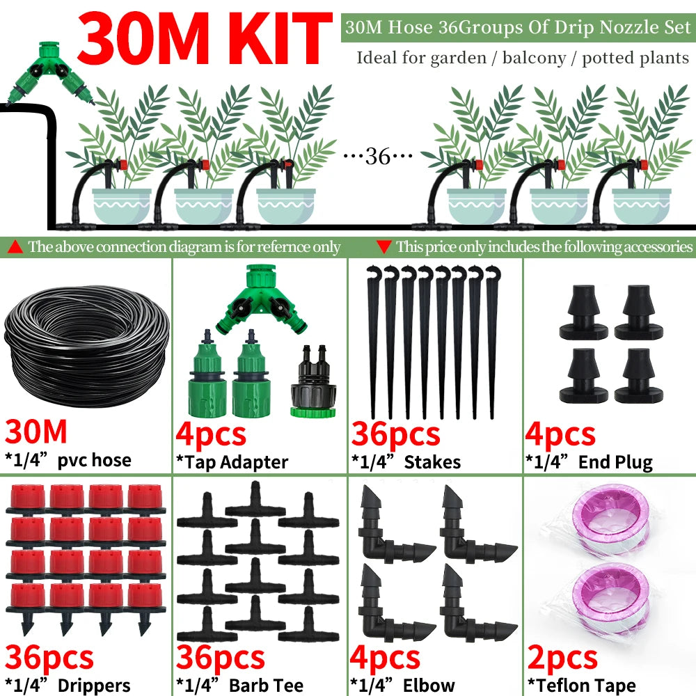 Garden 1/4'' Drip Irrigation Kit Automatic Watering System Nozzles for Farmland Bonsai Plant Flower Vegetable Greenhouse